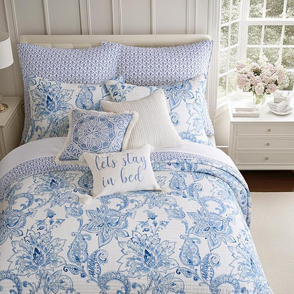 Levtex Home - Bennett Bedspread Set - Full (96x106in.) Bedspread and 2 Standard Shams (20x26in.) - Floral Paisley - Blue and White - Reversible - Cotton