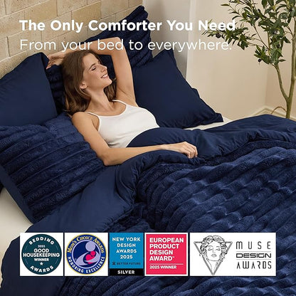Bedsure Gentlesoft™ 2-in-1 Twin Comforter Set and Detachable Fluffy Blanket, Navy Blue Bedding Set for All Season Use, SnapTech Design for Space Saving (Includes 1 Pillow Sham, 1 Pillowcase)