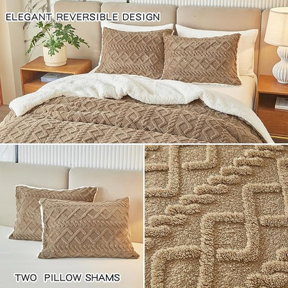 Joyreap 3-Piece Fluffy Faux Fur Sherpa Comforter Set Coffee, Queen Size Luxury Tufted Bedding Comforter Set, All Season Soft n Cozy Plush Comforter Bed Set- 88x88 inches