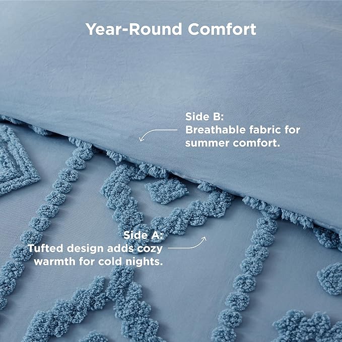 Bedsure Boho Tufted Blue Comforter King Size, GentleSoft™ 3 Pieces Boho Farmhouse Decor Bedding, Exquisite Shabby Chic Bedding for All Seasons, 1 Bed Comforter, 2 Pillow Shams, 104x90 Inches