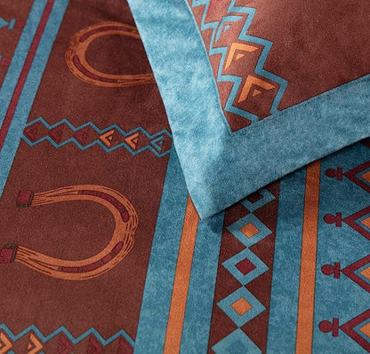 Chezmoi Collection Sedona 7-Piece Southwestern Wild Horses Microsuede Bedding Comforter Set, Full, Turquoise Blue