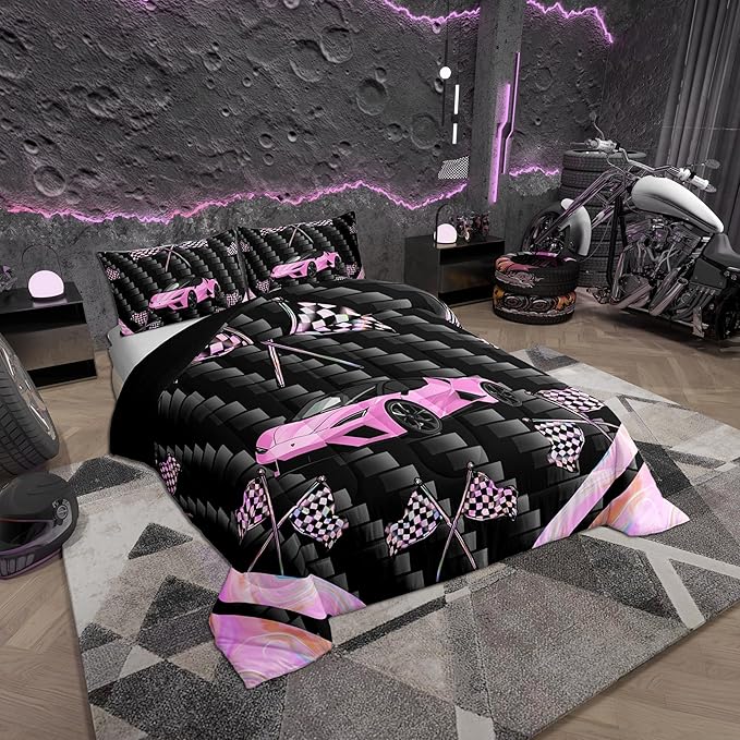 jejeloiu Pink Race Car Bedding Set Toddle Size Extreme Sports Comforter Set for Kids Teens Adult Fast and Furious Duvet Set Dazzling Flag Quilt Set 2Pcs