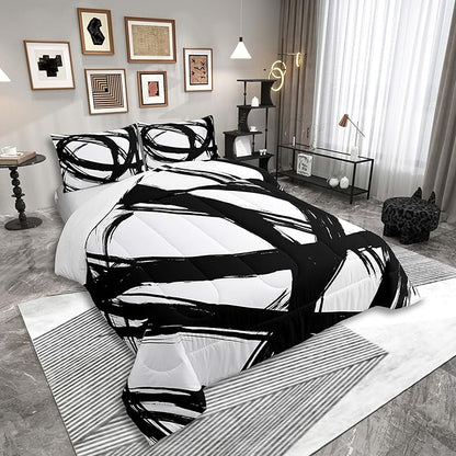 Black and White Striped Bedding Set Full Size for Adults Youth Teens,Contemporary Boho Modern Art Comforter Set,Graffiti Stripes Lines Quilt,Aesthetic Geometric Duvet Insert for Minimalists