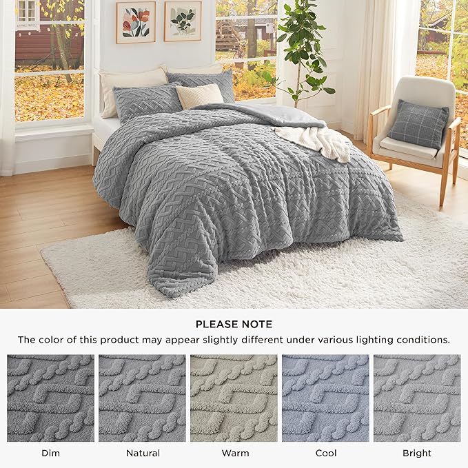 Bedsure Queen Fluffy Comforter Set, Grey Plush Fleece Bed Set, Luxury Jacquard Farmhouse Boho Soft Warm Bedding for Winter, 3 Pieces, 1 Comforter (90"x90") and 2 Pillowcases (20"x26")