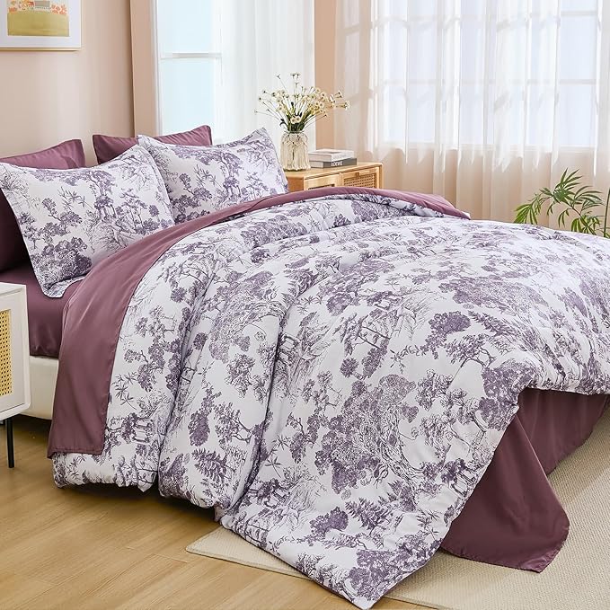 DJY Purple Comforter Set King, 7 Pieces Dark Purple Botanical Comforters King Size Elegant Plants Print with Sheets Bed in a Bag Soft Microfiber Reversible Complete Bedding Sets for All Season