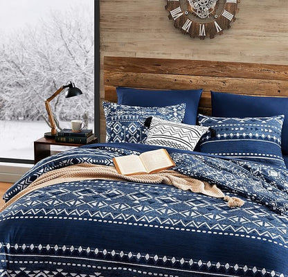 Geniospin Queen Comforter Set - 7 Pieces Comforters Queen Size, Warm Fluffy Boho Bedding Sets for All Seasons, Bed in a Bag with Flat Sheet and Fitted Sheet, Pillowcase & Sham (Blue, 90''x90'')
