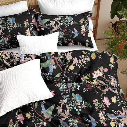 Nayoroom Black Floral Comforter Set Queen Size Blue Pink Bird Flower Botanical Pattern Spring Bedding Set 3 Pieces Soft Lightweight Aesthetic Garden Comforter for All Seasons