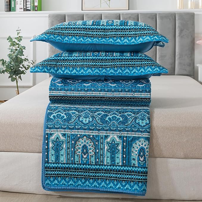 BEDIFANY Cotton Queen Quilt Sets, Lightweight Boho Queen Size Quilt Bedding Set with 2 Pillow Shams for Bed Decorations, Reversible Quilted Bedspread Coverlets for All Seasons