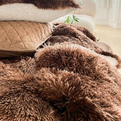 Luxury Faux Fur Shaggy Fluffy Comforter Set Full/Queen Size Mixed Coffee Brwon and White Long Hair, 3 Pieces Plush Flannel Sherpa Backing Reversible Soft Microfiber Bedding Set Super Warm for Winter