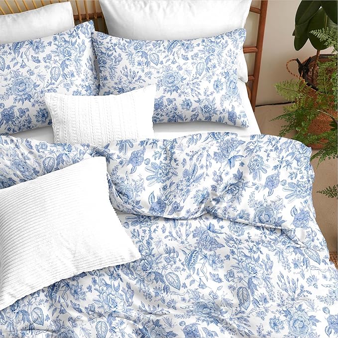 Nayoroom Blue Floral Comforter Set Queen Size Blue and White Botanical Flower Pattern Spring Bedding Set 3 Pieces Soft Lightweight Aesthetic Garden Comforter for All Seasons