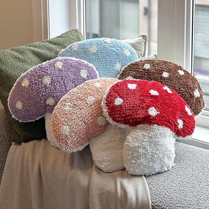Mushroom Throw Pillow Tufted Decorative Cushion 15” x 15” – Decor for Bed, Couch, Living Room (Blue)