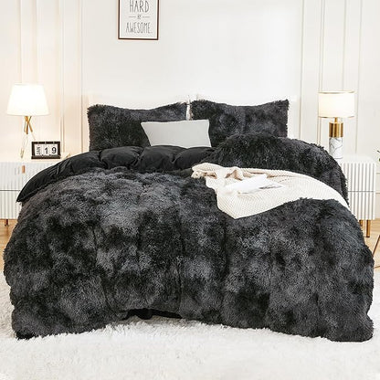 Andency Faux Fur Tie-Dyed Black Grey Comforter for Queen Size Bed, 3 Pieces Fluffy Fuzzy Plush Bedding Set (1 Shaggy Velvet Comforter & 2 Pillowcases), Soft Puffy Down Bedding Set