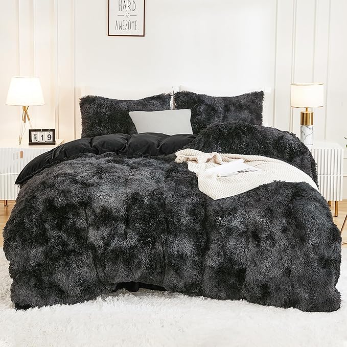 Andency Tie-Dyed Black Grey Comforter King Size, 3 Pieces Fluffy Faux Fur Warm Soft Fuzzy Plush Bedding Comforter Set, Thick Heavy Puffy Comfy Bedding Sets