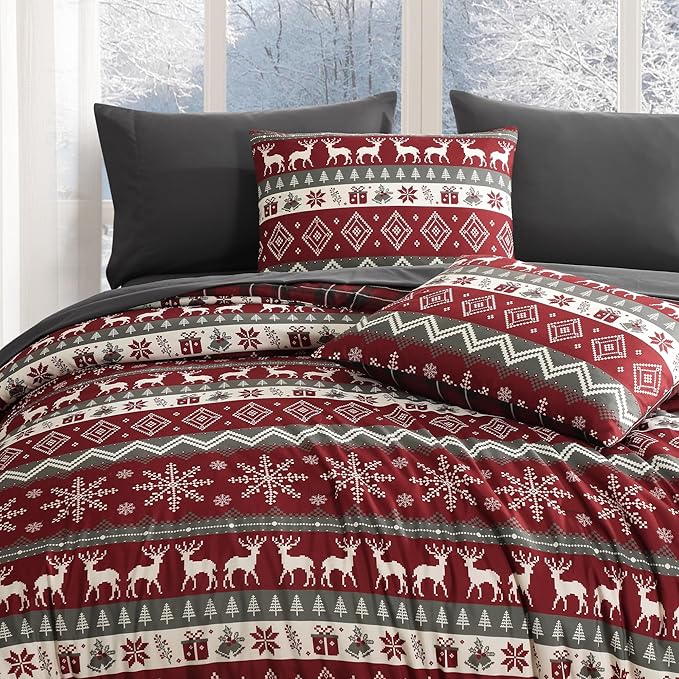 MaiRêve Christmas Twin XL Comforter Set, Red Reindeer Snowflake Bed Set for Holiday, Reversible Plaid Checkered Comforter Bed in a Bag, Soft Bedding Set 5 Pieces with Sheets, Pillowcase & Sham