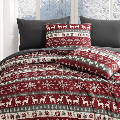 MaiRêve Christmas Twin XL Comforter Set, Red Reindeer Snowflake Bed Set for Holiday, Reversible Plaid Checkered Comforter Bed in a Bag, Soft Bedding Set 5 Pieces with Sheets, Pillowcase & Sham