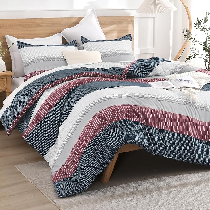 Litanika Comforter Set King Size Red Blue - 3 Pieces Lightweight Colorblock Stripe Fluffy Bedding Comforter Sets, All Season Bed Set