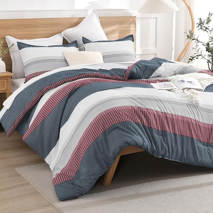 Litanika Comforter Set King Size Red Blue - 3 Pieces Lightweight Colorblock Stripe Fluffy Bedding Comforter Sets, All Season Bed Set