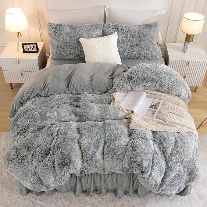 Andency Tie-Dyed Grey White Comforter King Size, 3 Pieces Faux Fur Fluffy Fuzzy Plush Bedding Comforter Set, Soft Puffy Comfy Down Comforter Bed Set