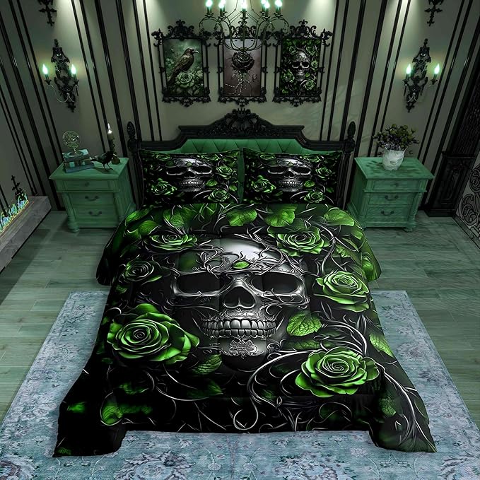 Erosebridal Adults Gothic Comforter Set Bohemian Boho Goth Bedding Full Size Vintage Horror Skull Bed Sets Lime Green Rose Baroque Victorian Romantic Rose Duvet Insert,Halloween Gothic Decor