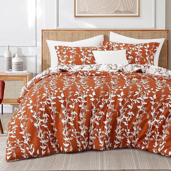 Terracotta Comforter Set, Twin Size, Vivid Leaves Branch 2 Pieces Bedding Set, Soft Polyester Microfiber Print, All Seasons, 1 Lightweight Comforter and 1 Pillow Sham
