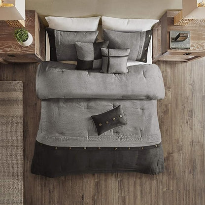 Madison Park Boone Cozy Comforter Set, Faux Suede, Deluxe Hotel Styling All Season Down Alternative Bedding Matching Shams, Decorative Pillow, Queen (90 in x 90 in), Rustic Grey 7 Piece,Dark Gray