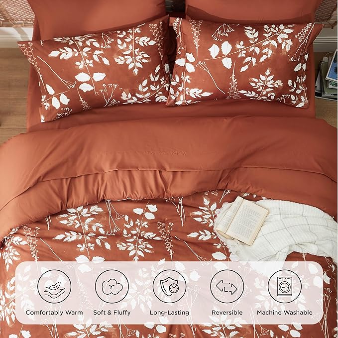 Bedsure Queen Comforter Set - 7 Pieces Floral Terracotta Soft Bedding Sets, Queen Bed in a Bag with Botanical Flowers Comforter, Sheets, Pillowcases & Shams