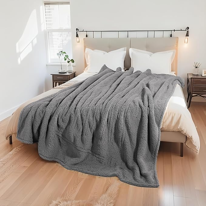 Electric Heated Blanket Queen Size 84"×90" Dual Control, 9 Heating Settings & 1-10Hs Auto Off, Overheat Protect, Double-Sided Plush Sherpa, for Couch & Bed, Machine Washable Light Gray