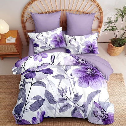 Nayoroom Purple Floral Comforter Set Full Size Lavender Blooming Flower Leaf Printed Spring Comforter 3 Pcs Soft Lightweight Cottagecore Bedding Set for All Seasons (1 Comforter, 2 Pillowcases)