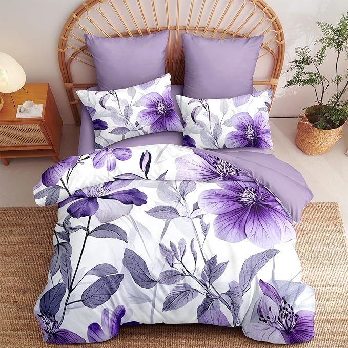 Nayoroom Purple Floral Comforter Set King Size Lavender Blooming Flower Leaf Printed Spring Comforter 3 Pcs Soft Lightweight Cottagecore Bedding Set for All Seasons (1 Comforter, 2 Pillowcases)