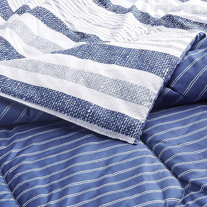 Amazon Basics Twin/Twin XL Size Ultra-Soft Lightweight Microfiber Reversible 2-Piece Bedding Comforter Set, Blue Denim/Beige Stripes