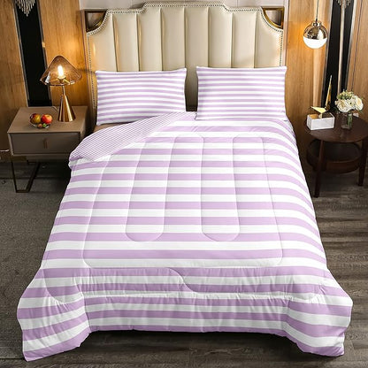 Girl Purple Striped Comforter Set King White Farmhouse Ticking Stripes Down Comforter for Women Horizontal Stripes Geometric Lines Reversible Lightweight Duvet Set for Room Decor Soft Bedding Set