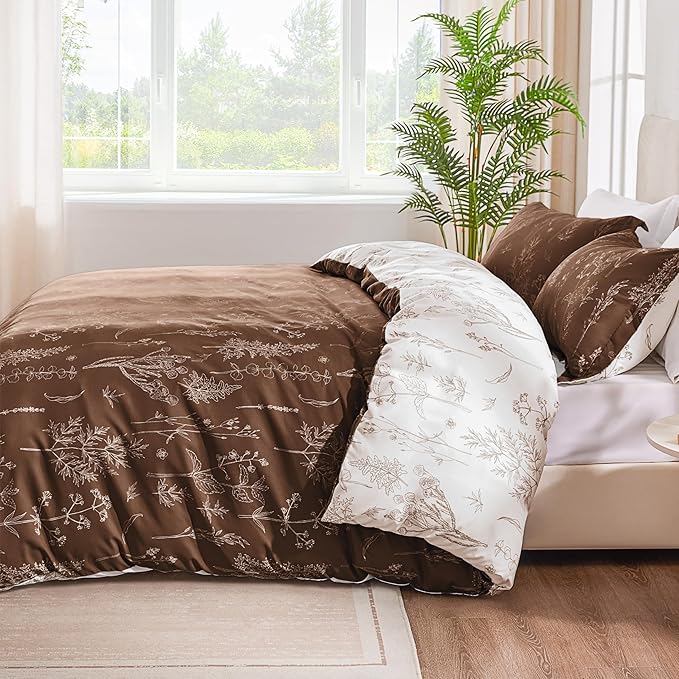 Love's cabin Chocolate Full Comforter Set - Full Size Comforter Set, 3 Pieces Cute Floral Bedding Sets for All Seasons,1 Soft Reversible Botanical Flowers Comforter and 2 Pillow Shams