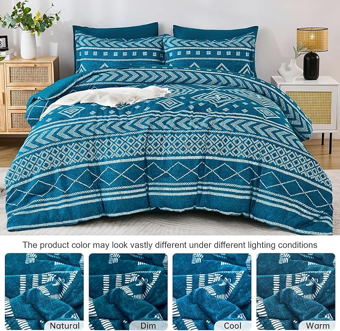 Yiran Teal Blue Comforter Set Queen Size, 7 Piece Boho Aztec Bedding Set, Geometric Bed in a Bag Queen, Soft Microfiber Bohemian Striped Complete Bedding Set with Sheets for All Season