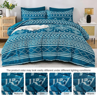 Yiran Teal Blue Comforter Set Queen Size, 7 Piece Boho Aztec Bedding Set, Geometric Bed in a Bag Queen, Soft Microfiber Bohemian Striped Complete Bedding Set with Sheets for All Season