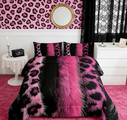 jejeloiu 3D Pink Leopard Bedding Set King Size Adult Leopard Comforter Set for Boys Girls Animal Print Duvet Set Wild Animal Fur Quilt Set 3Pcs