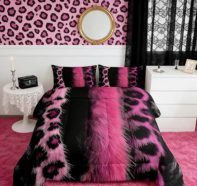 jejeloiu 3D Pink Leopard Bedding Set Full Size Adult Leopard Comforter Set for Boys Girls Animal Print Duvet Set Wild Animal Fur Quilt Set 3Pcs