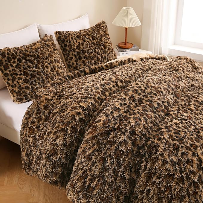 Cheetah Print Fluffy Faux Fur Comforter Set Queen Size, 3 Pieces Brown Leopard Plush Shaggy Fuzzy Bedding Set, Ultra Soft Luxury Furry Boho Animal Print Winter Warm Comforter for Women Gilrs