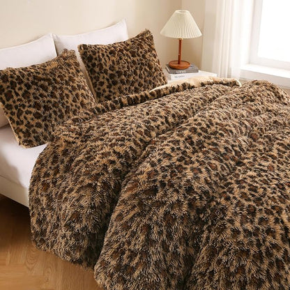 Cheetah Print Fluffy Faux Fur Comforter Set Queen Size, 3 Pieces Brown Leopard Plush Shaggy Fuzzy Bedding Set, Ultra Soft Luxury Furry Boho Animal Print Winter Warm Comforter for Women Gilrs