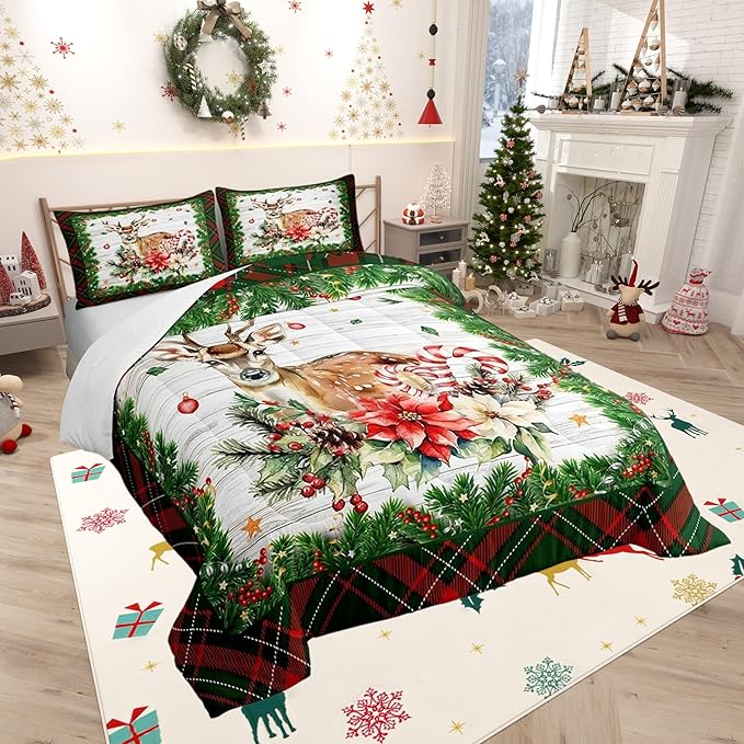 Castle Fairy Red Green Geometric Grid Bed Comforter Set Queen Size,Xmas Deer Elk Farmhouse Super Soft Microfiber Bedding Set for Adults Teens,Merry Christmas Comforter Set,2 Pillowcases