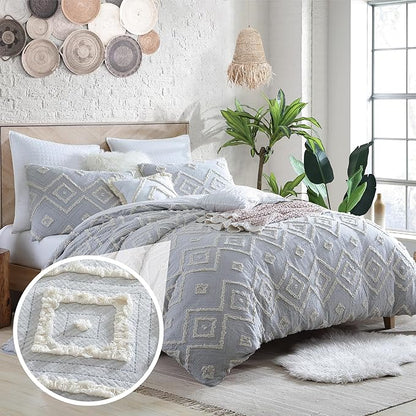 Swift Home Rukai 100% Cotton Washed Clip Jacquard Gauze 5-Piece Bedding Comforter Set, All Season & Breathable, Oeko-TEX Certified – Light Gray, King