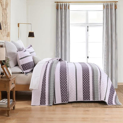Homzard Quilts Queen Size, Cotton Comforter Set, Purple and Grey Queen Bed Set,Lightweight Striped Bedding, Farmhouse Bedspread All Season 3 Pieces
