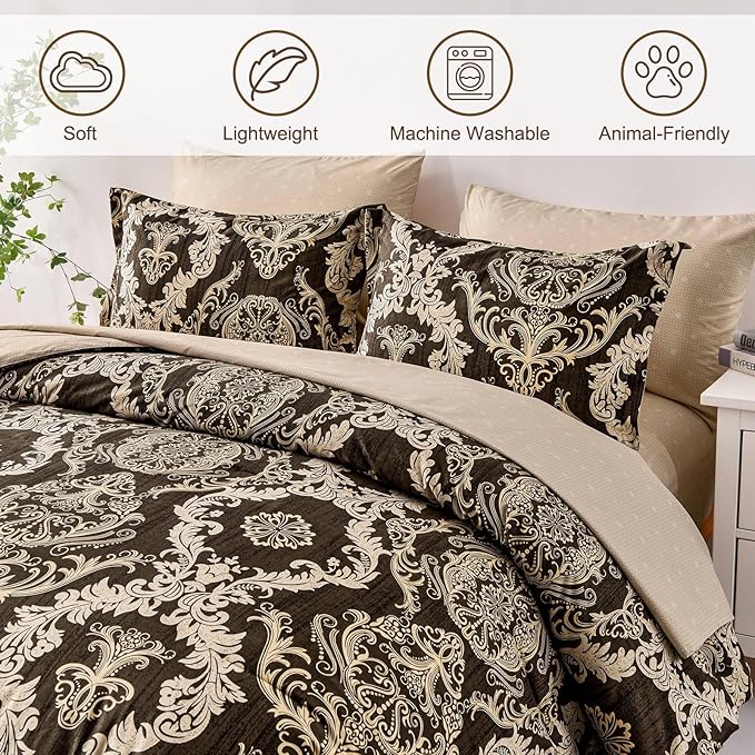 WONGS BEDDING 7 Pieces Comforter Set King Size,Damask Texture Design Bed in a Bag Bedding Sets,Brown Soft Lightweight Microfiber Bedding Set for All Season