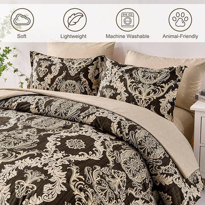 WONGS BEDDING 7 Pieces Comforter Set King Size,Damask Texture Design Bed in a Bag Bedding Sets,Brown Soft Lightweight Microfiber Bedding Set for All Season