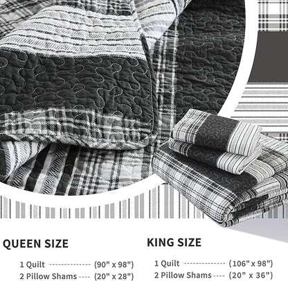 Homzard Quilts Queen Size - Black and White Queen Comforter Set, 100% Cotton Black Grey Striped Bedding Set, Lightweight Reversible Bedspread Set, 3 Piece All Season