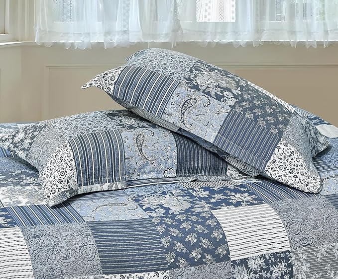 SLEEPBELLA Washed Double Layer Muslin 100% Cotton Comforter Set King Size, Boho Blue Patchwork Fluffy Thick Checked Bedding Set, Soft Breathable (1 Comforter, 2 Pillow Shams)