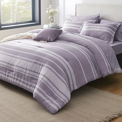 Bedsure Queen Comforter Set 7 Pieces, Purple Striped Bedding Set for All Seasons, Reversible, Cationic Dyeing Bed in a Bag with Comforter, Sheets, Pillowcases & Shams