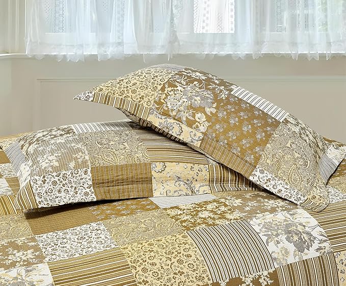 SLEEPBELLA Washed Double Layer Muslin 100% Cotton Comforter Set King Size, Boho Yellow Patchwork Fluffy Thick Checked Bedding Set, Soft Breathable (1 Comforter, 2 Pillow Shams)