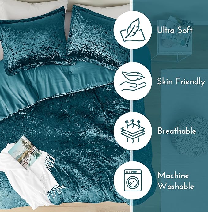 Comfort Spaces Juliette Luxe Comforter Set Velvet Lush with Soft Brushed Microfiber Reverse, All Season Cozy Velvet Bedding Sets, Fluffy Comforter Bed Set, Matching Sham, Teal Full/Queen 3 Piece