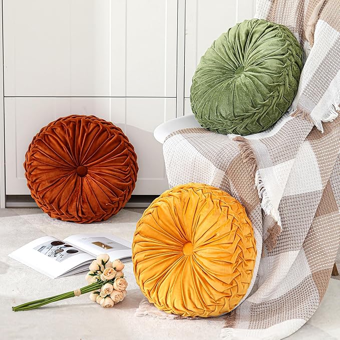 1 Pcs Round Throw Pillows Decorative Velvet Pleated Throw Pillows 15'' Diameter Accent Pumpkin Boho Chair Cushion for Couch Sofa Chair Bed Home Decoration (Green)