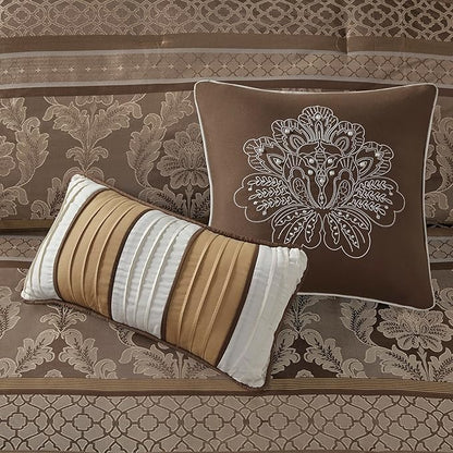Madison Park Bellagio Cozy Comforter Set - Luxurious Jaquard Traditional Damask Design, All Season Down Alternative Bedding with Matching Shams, Decorative Pillow, King(104"x92"), Brown/Gold 7 Piece